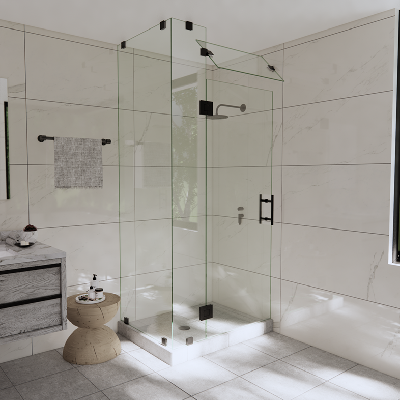 Right Open Corner Shower Door with Steam Shower Transom & Glass-to-Glass Hinge