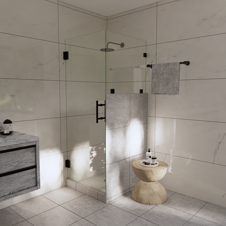 Left Open Corner Shower Door with Right Knee Wall & Glass-to-Glass Hinge