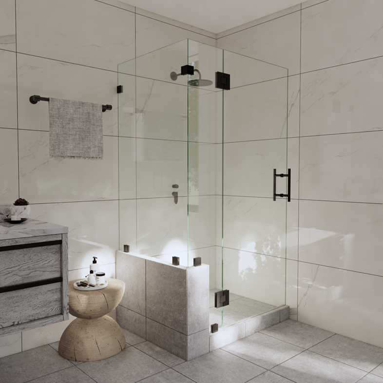 Right Open Corner Shower Door with Left Knee Wall & Glass-to-Glass Hinge