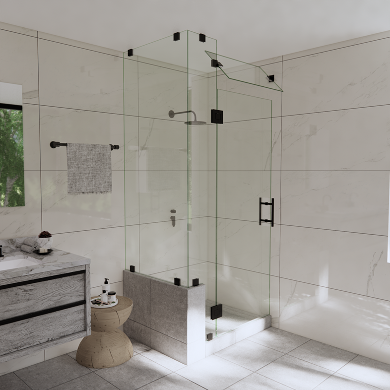 Right Open Corner Shower Door with Left Knee Wall, Steam Shower Transom & Glass-to-Glass Hinge