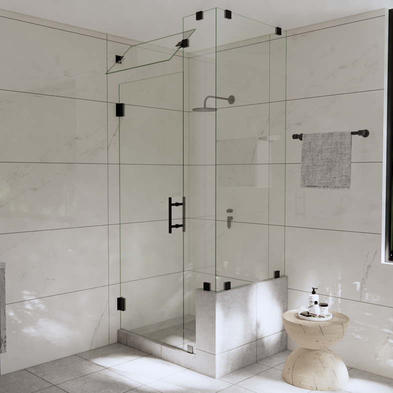 Right Open Corner Shower Door with Right Knee Wall & Steam Shower Transom