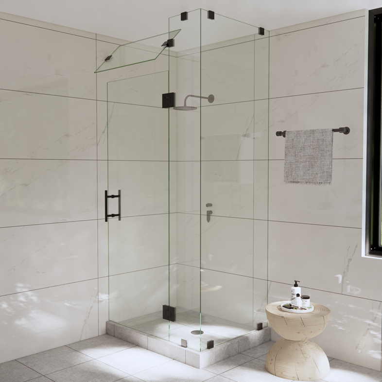 Left Open Corner Shower Door with Steam Shower Transom & Glass-to-Glass Hinge