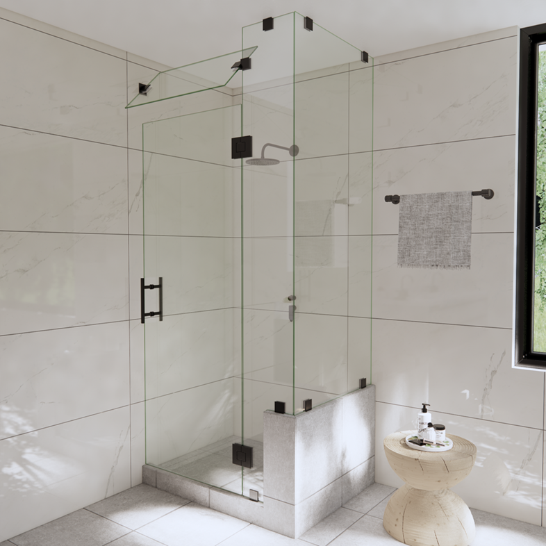 Left Open Corner Shower Door with Right Knee Wall, Steam Shower Transom & Glass-to-Glass Hinge