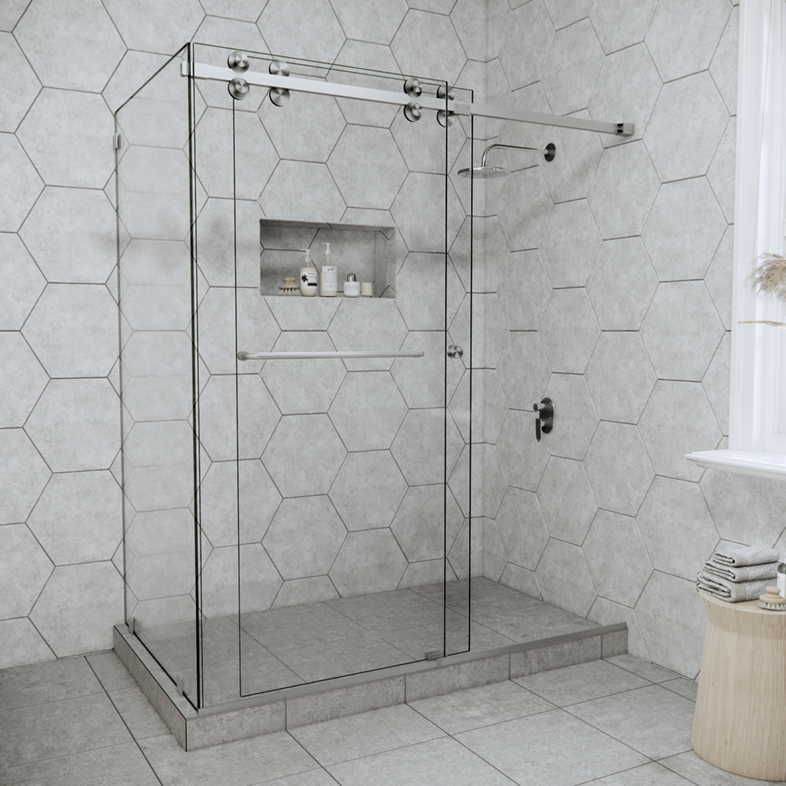 Eclipse Double Sliding Corner Shower Door with Left Knee Wall
