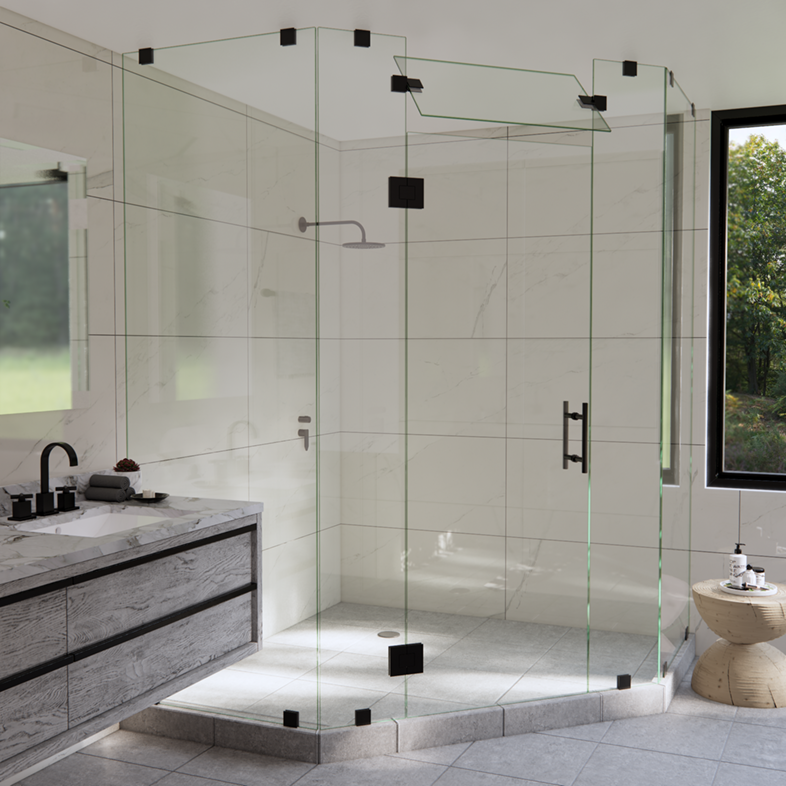 Right Open Neo Angle Shower Door with Steam Shower Transom