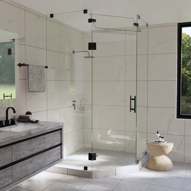Right Open 3-Panel Neo Angle Shower Door with Steam Shower Transom