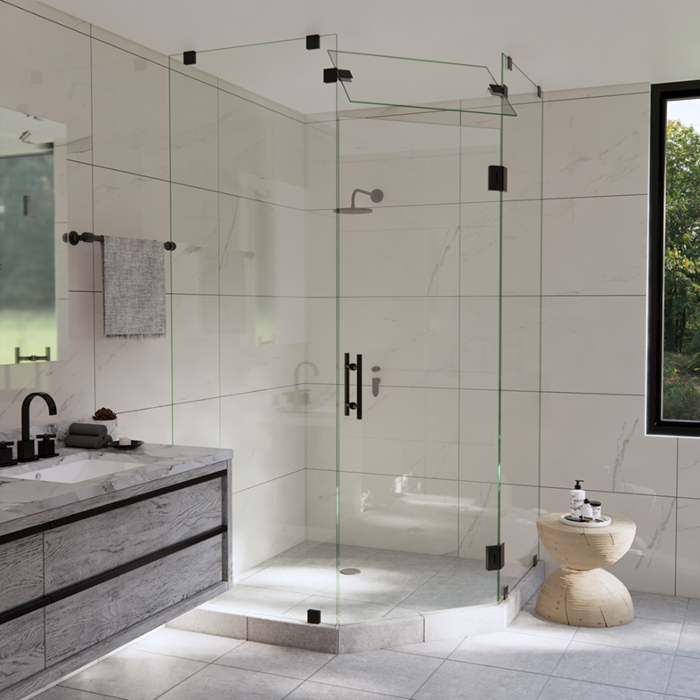Left Open Neo Angle Shower Door with Steam Shower Transom