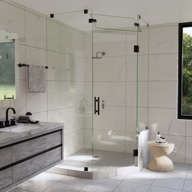 Left Open Neo Angle Shower Door with Right Knee Wall & Steam Shower Transom