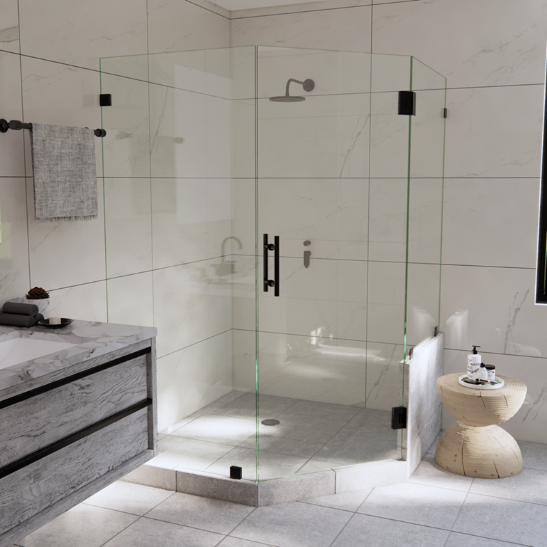 Left Open Neo Angle Shower Door with Right Knee Wall