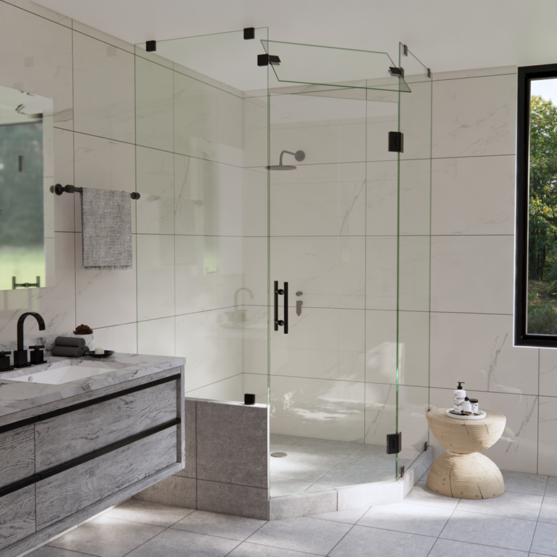 Left Open Neo Angle Shower Door with Left Knee Wall & Steam Shower Transom